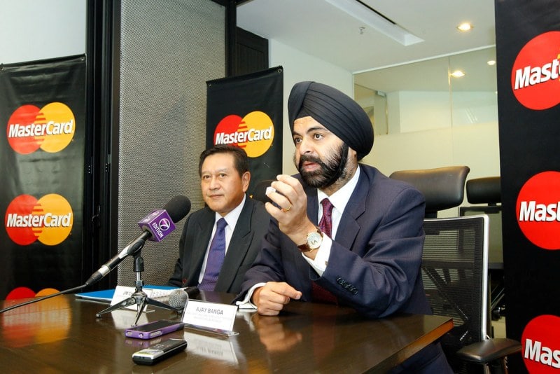 A photo of Ajay Banga taken during a press conference while he was working as the CEO of Mastercard