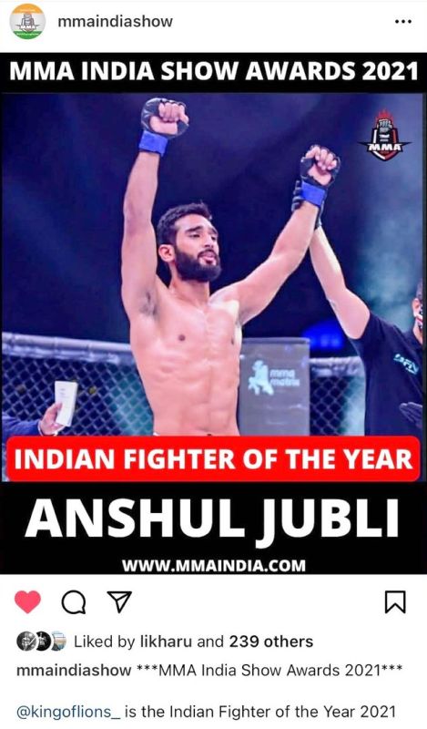 A post from MMA India Show announcing Anshul's name as the winner of the Indian Fighter of the Year