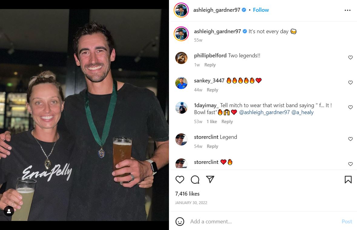 A snip of Ashleigh Gardner's Instagram post in which she is enjoying beer