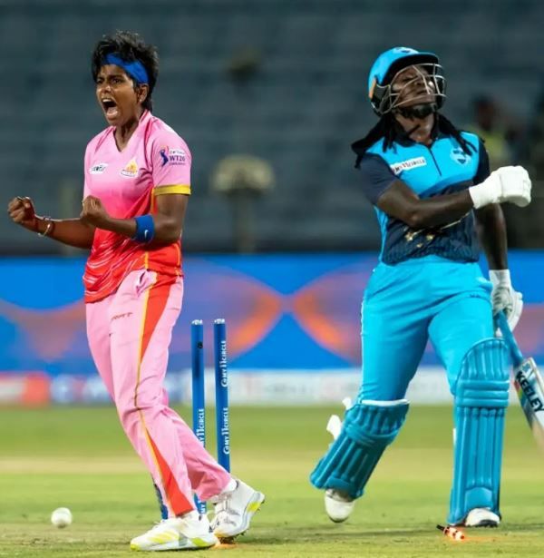 Arundhati Reddy celebrating after taking a wicket for the Trailblazers
