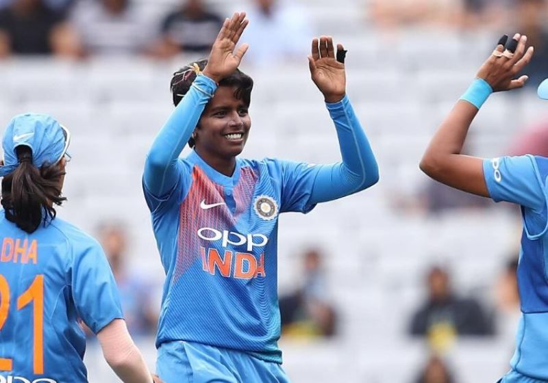 Arundhati Reddy celebrating the fall of the wicket of an opponent