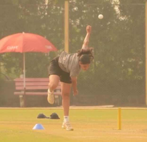 Ashwani Kumari bowling during a practice session
