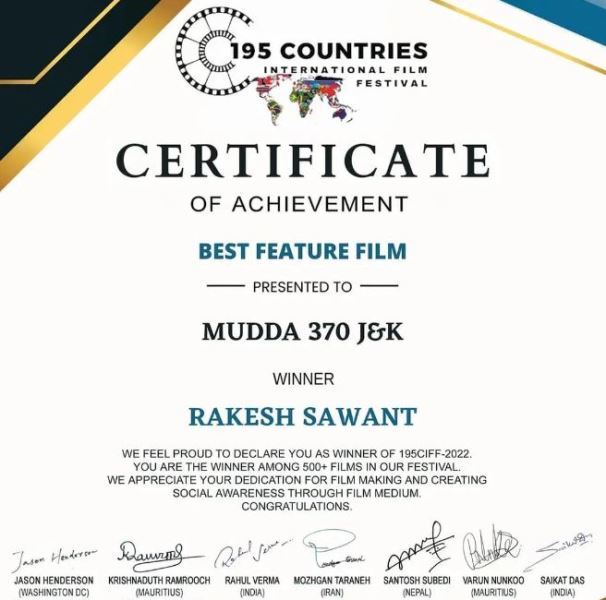 Certificate of Achievement given to Rakesh Sawant for winning the Best Feature Film Award for the 2019 Hindi film 'Mudda 370 J&K' at the 195 Countries International Film Festival