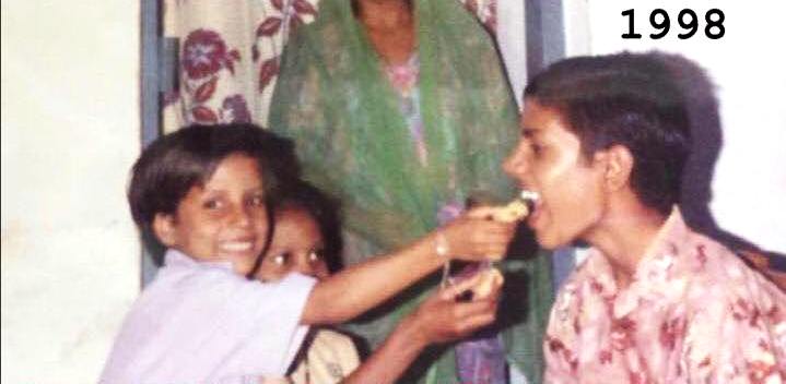 Childhood picture of Poonam Yadav feeding sweets to her brother on Raksha Bandhan