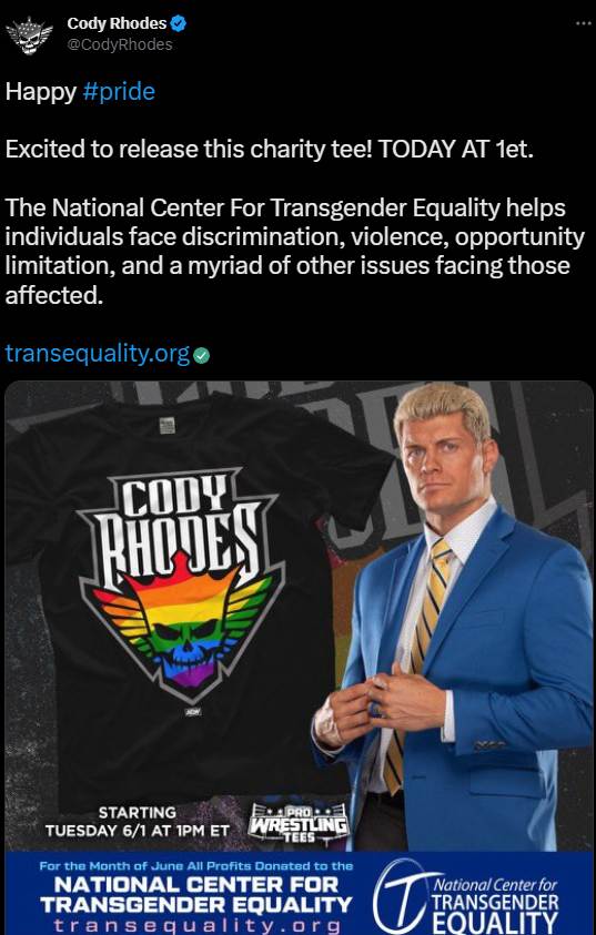 Cody Rhodes' tweet about the LGBTQ themed T-Shirts
