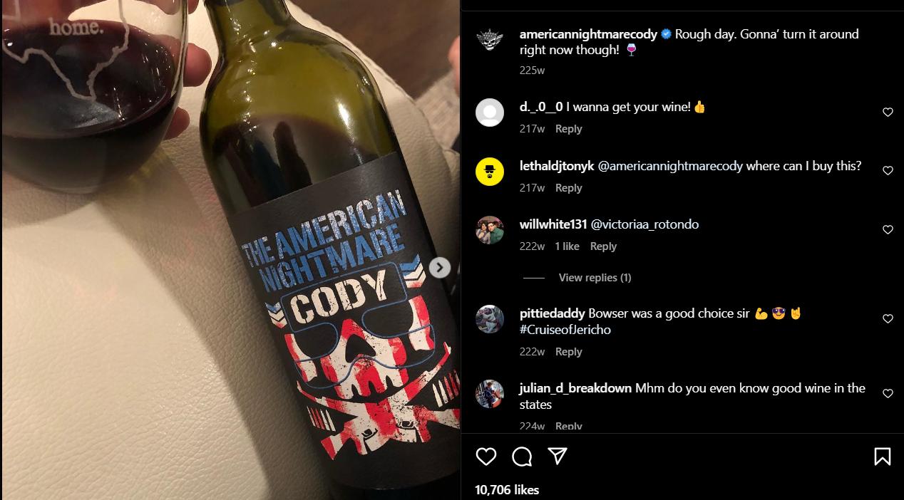 Cody's Instagram post in which he is seen enjoying wine