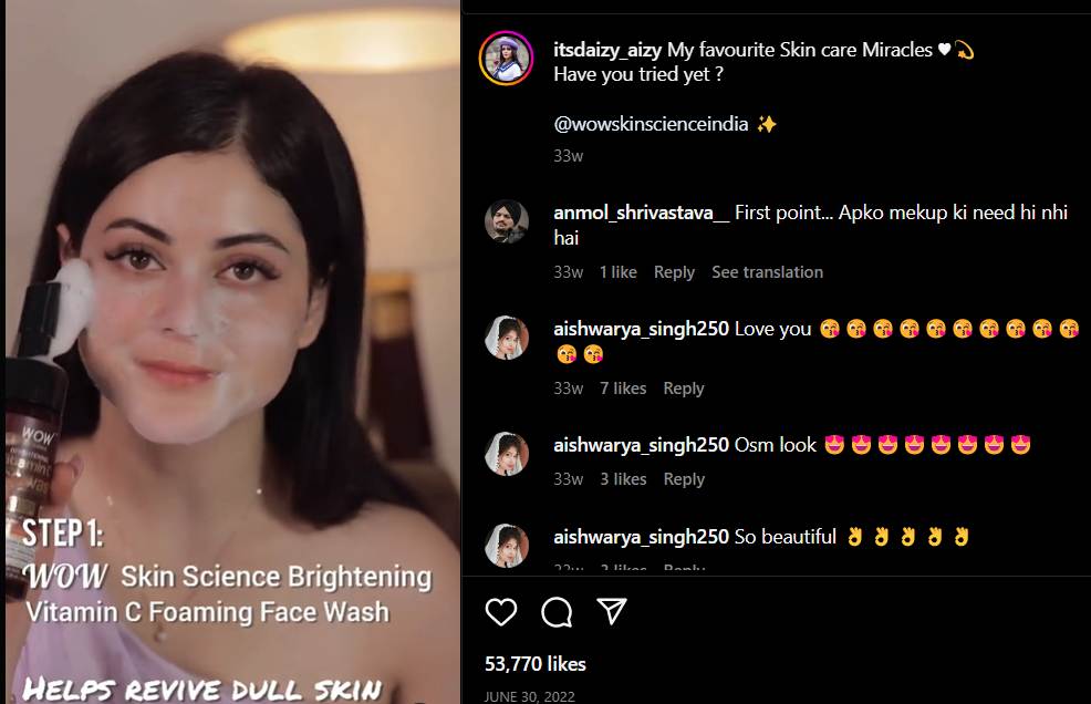 Daizy promoting WOW Skin Science India