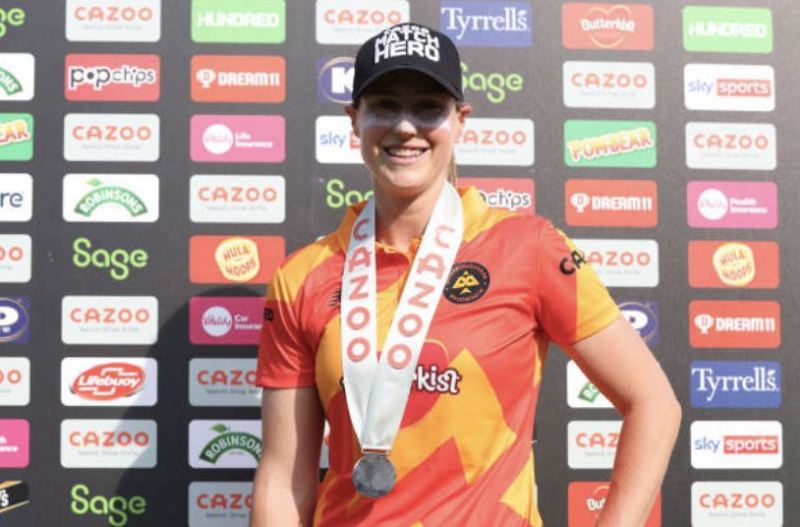 Ellyse Perry after winning the title of Player of the match on 13 August 2022 in a match against Welsh Fire