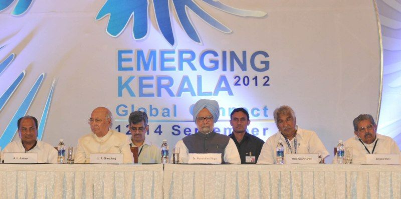 From left - A. K. Antony (Defence Minister), H.R. Bharadwaj (Governor of Kerala), Dr. Manmohan Singh (Prime Minister), Oommen Chandy (Chief Minister of Kerala), and Vayalar Ravi ( Union Minister for Overseas Indian Affairs, Micro, Small &amp; Medium Enterprises, Science &amp; Technology and Earth Sciences) at the inauguration of the 'Emerging Kerala 2012 Global Connect' summit