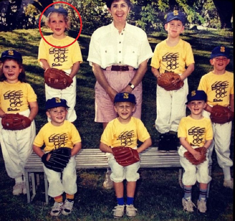 Laura Harris as a child in her school's baseball team
