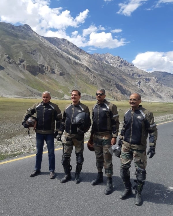 M.V. Suchindra Kumar (extreme right) with other Army Commanders while riding bikes to the Karakoram Pass