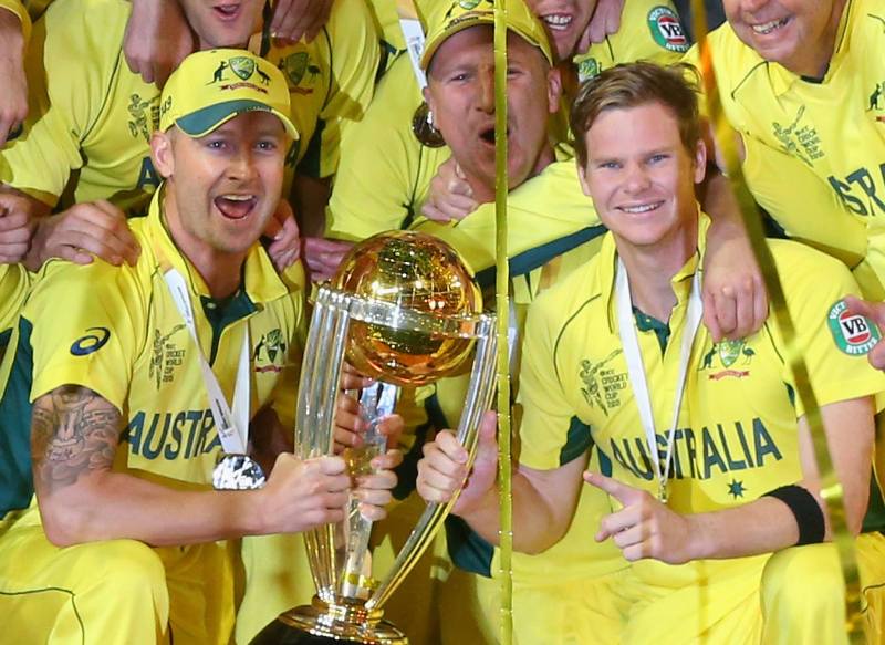 Michael Clarke celebrating 2015 World Cup win with his teammates