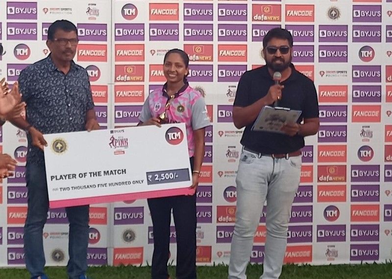 Minnu Mani awarded a Man of the Match award after a match