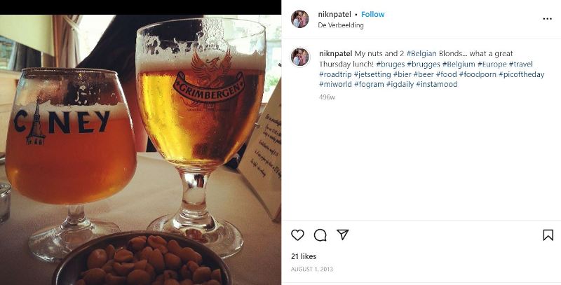 Nikhil Patel's Instagram post in which he shared glasses full of Belgian Blonde beer