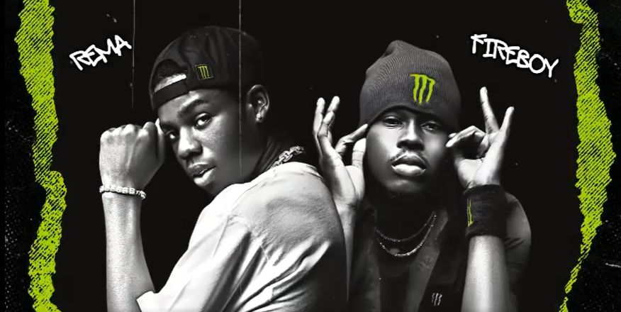 Rema in a promotional video by Monster Energy Drink with the rapper Fireboy