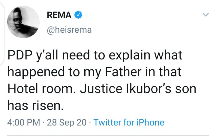 Rema's tweet to PDP about his father death