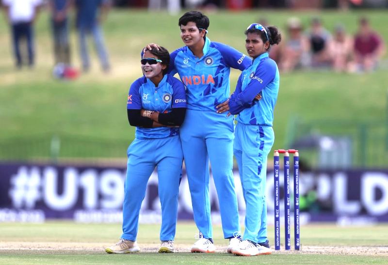 Shafali Verma, Hrishita Basu, and Archana Devi celebrating a wicket during India vs England, Under-19 Women's T20 World Cup final in Potchefstroom, South Africa on 29 January 2023