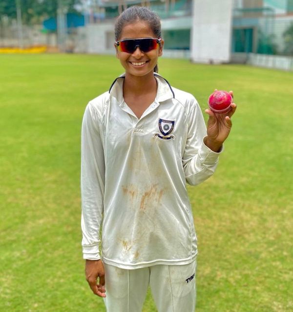 Shreyanka Patil after taking 9 wickets for 24 runs in a corporate match