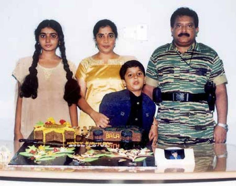 Velupillai Prabhakaran with his wife, son Balachandran,, and daughter