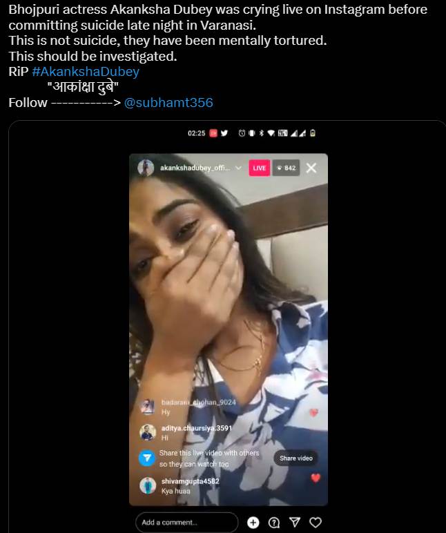 A tweet by Akanksha Dubey's fans about her crying