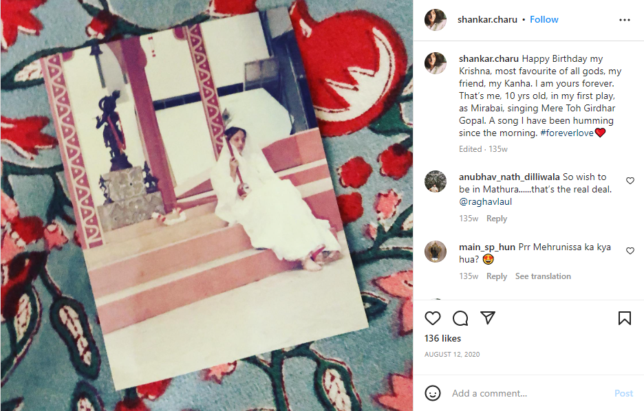 An Instagram post shared by Charu Shankar, showcasing her religious beliefs
