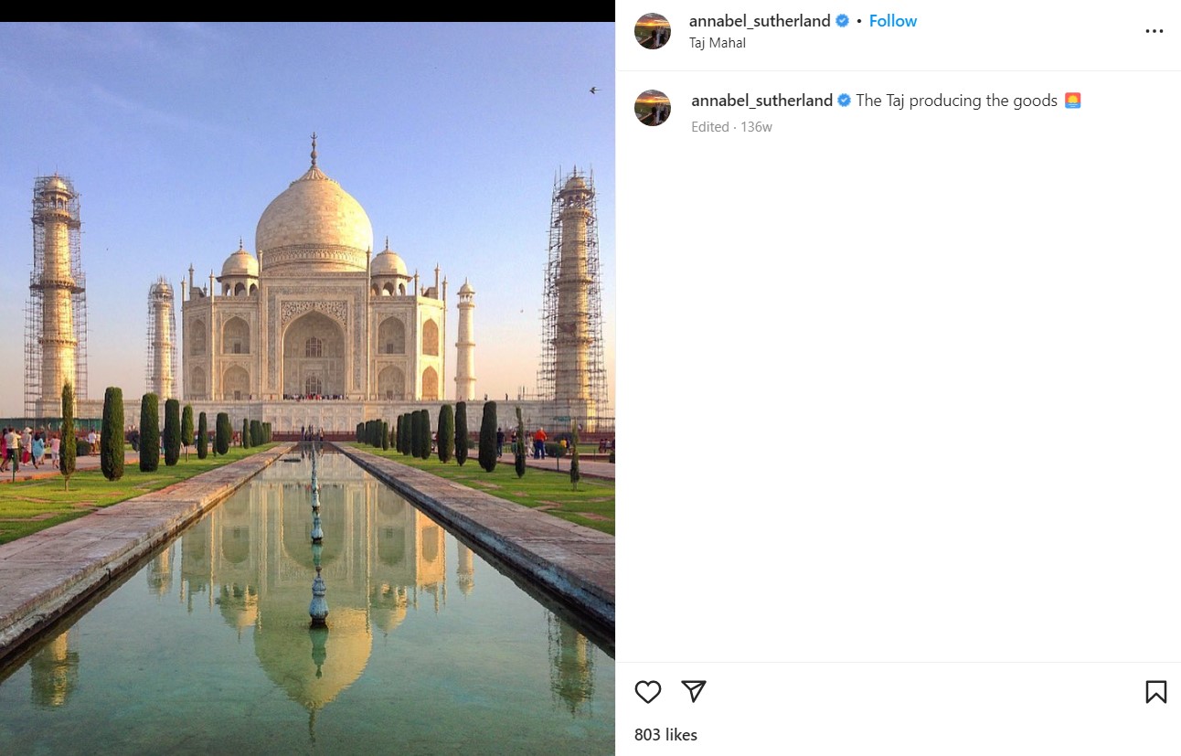 Annabel Sutherland's Instagram post when she visited Taj Mahal
