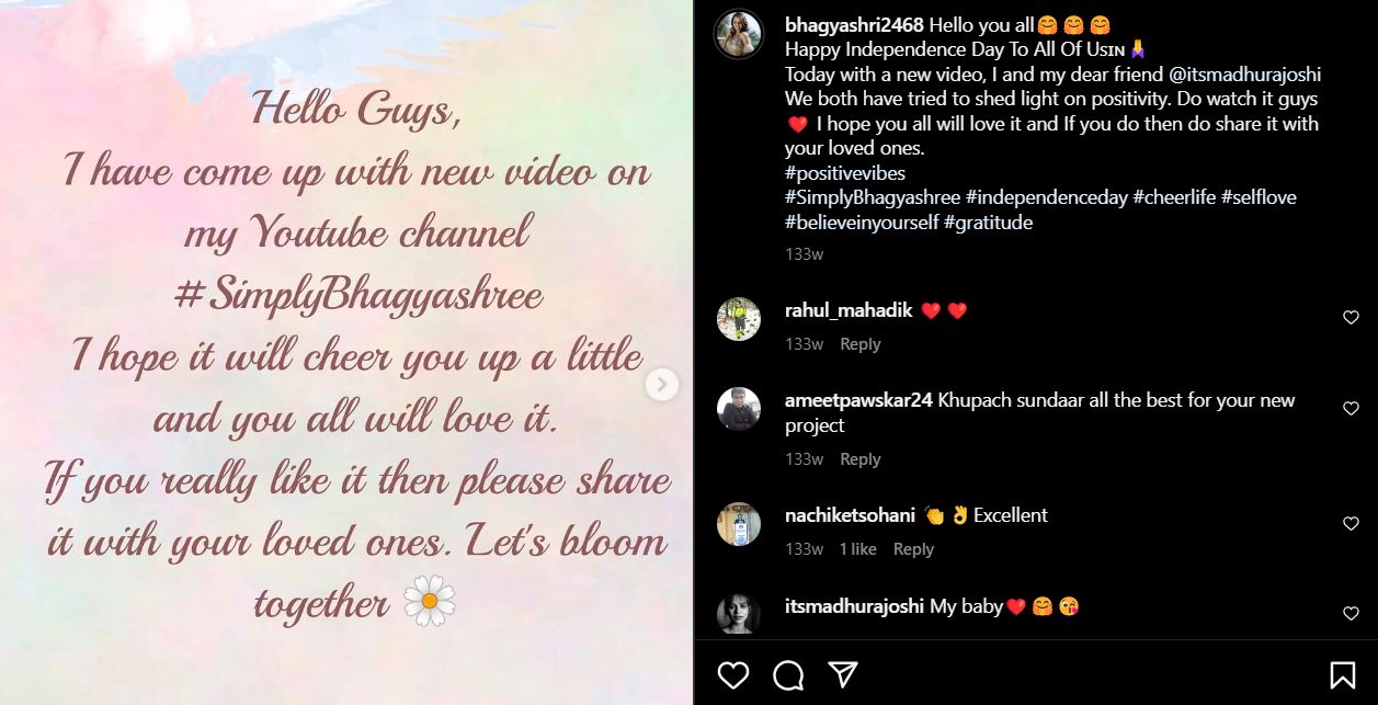 Bhagyashree posted about her YouTube channel on her Instagarm