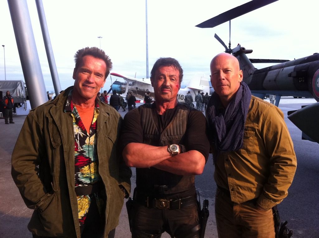 Bruce Willis in The Expendables with Sylvester and Arnold