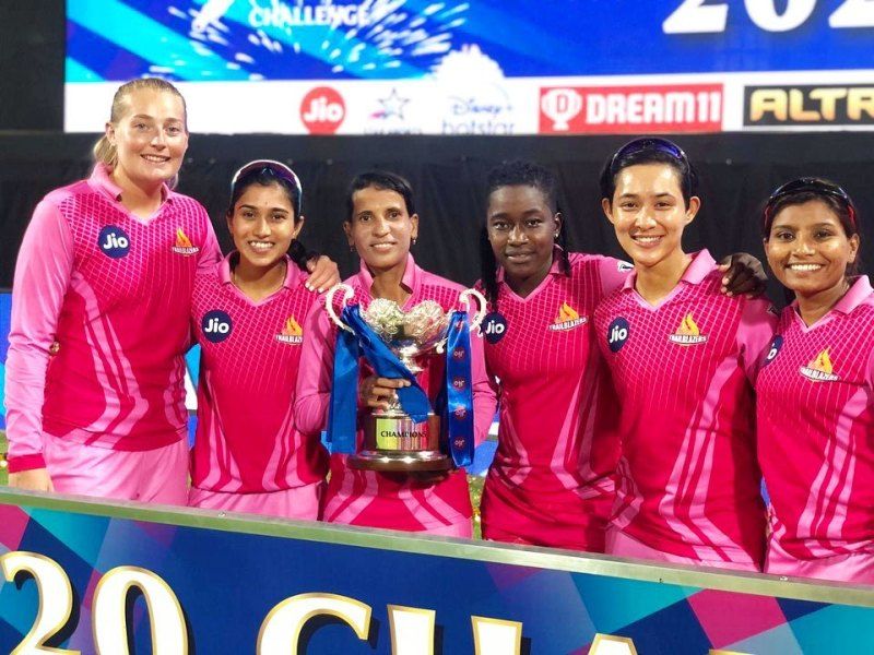 Deandra Dottin (third from right) after winning the 2020 Women's T20 Challenge for Trailblazers