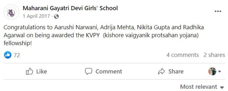 Facebook post by Maharani Gayatri Devi Girls School after Aarushi Narwani was selected for KVPY (Kishore Vaigyanik Protsahan Yojana) fellowship