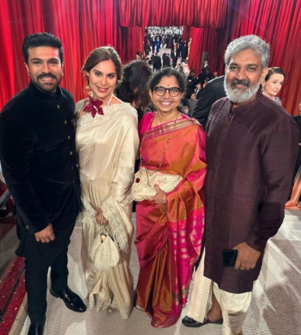 From left to right- Indian actor Ram Charan, his wife Upasana Kamineni, Rama Rajamouli, and S. S. Rajamouli at the Academy Awards 2023