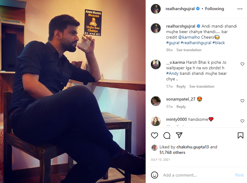 Harsh Gujral Instagram's post in which he is seen an consuming alcoholic beverage