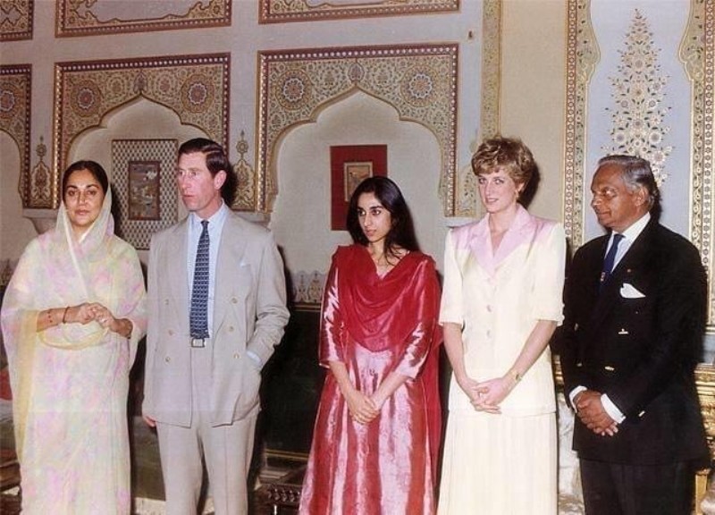 Left to Right, Padmini Devi of Jaipur, Prince Charles, Princess Diya Kumari, Princess of Wales Lady Diana, Maharaja Sawai Bhawani Singh