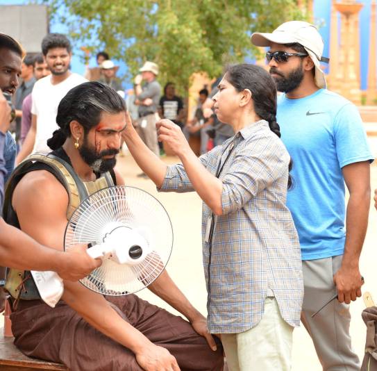Rama Rajamouli while giving the final touch to the look of Indian actor Rana Daggubati during the shoot of the film Baahubali 2 The Conclusion