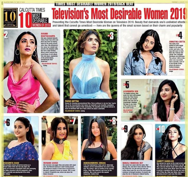 Roshni Bhattacharya ranked 2nd on the list of the top 10 most desirable women of 2019 by Calcutta Times