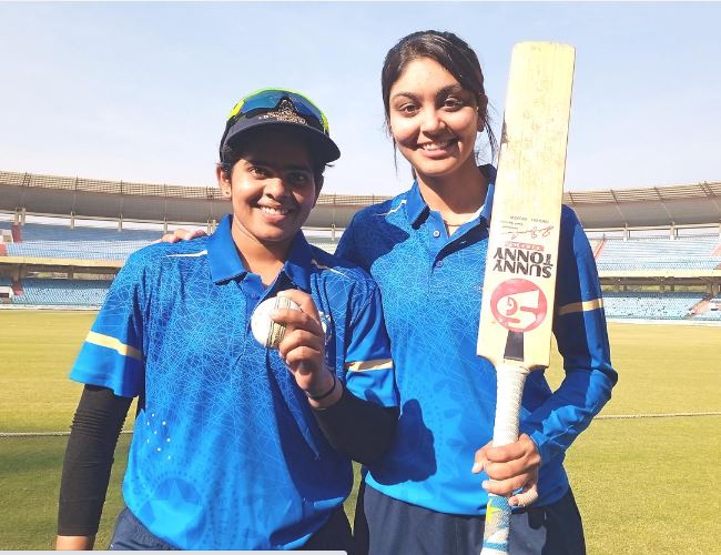 Sahana Pawar (left) with Harleen Deol after winning a match for India A in Women's T20 Challenger Trophy
