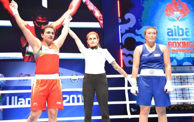 Saweety Boora (left) after winning the pre quater final round after defeating Mogolia’s Myagmarjargal Munkhbat at the AIBA Women's World Boxing Championship in 2019