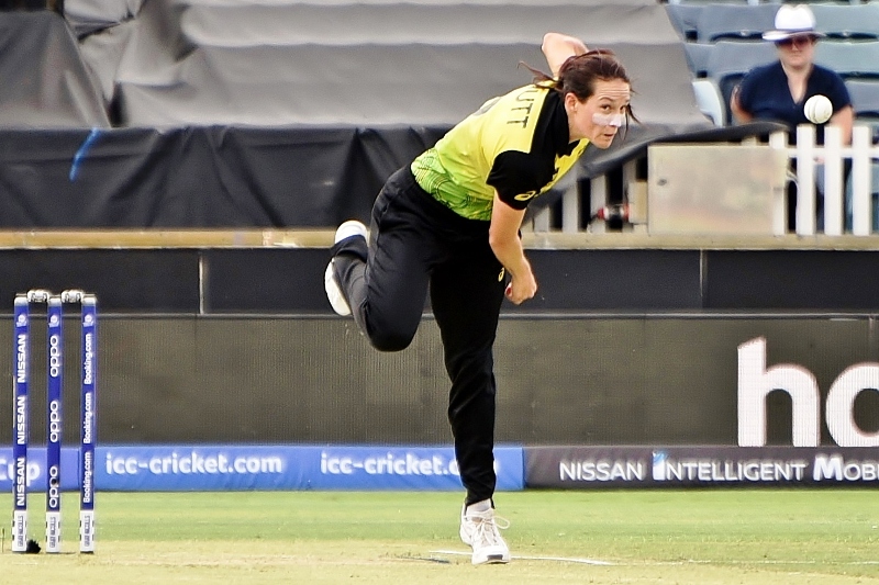Schutt bowling for Australia during the 2020 ICC Women's T20 World Cup