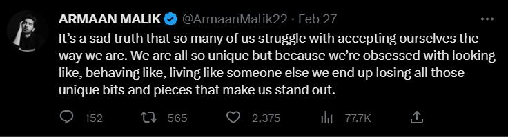 Singer Armaan Malik's tweet