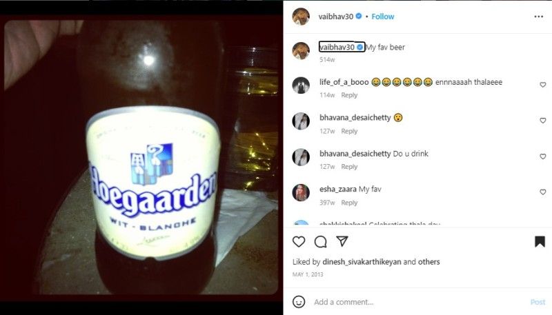 Vaibhav Reddy's Instagram post about his favourite beer