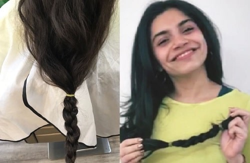 A collage of Chrisann Pereira before and after cutting her hair