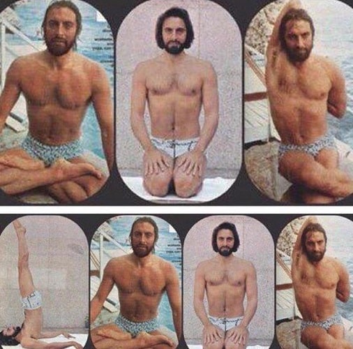 A collage of Kabir Bedi while doing Yoga