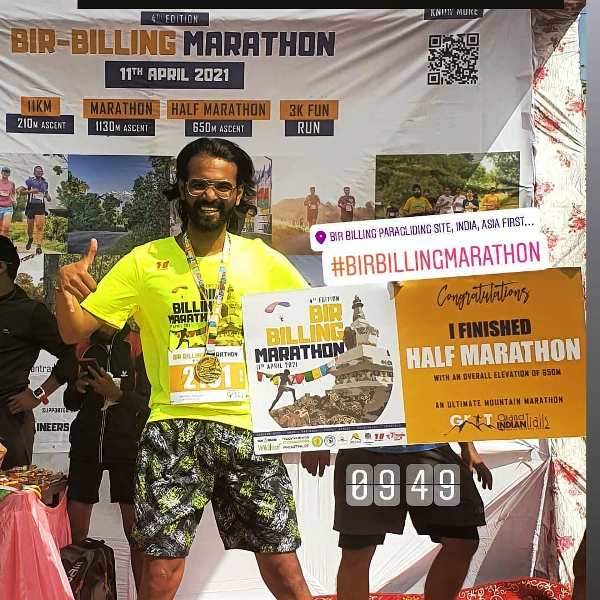 A photo of Anurag Maloo taken after he won the Bir Billing half marathon