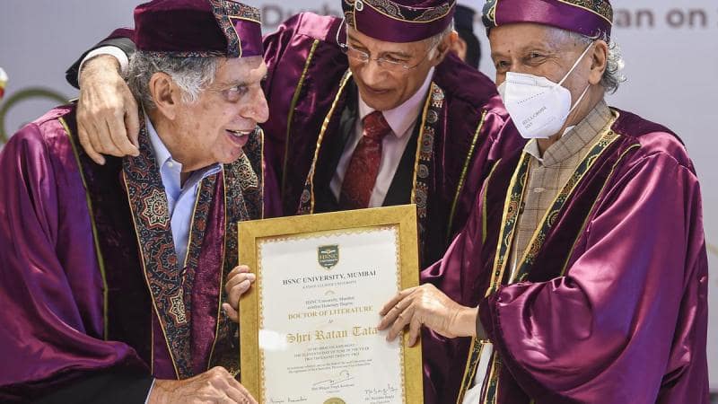 A photo of Ratan Tata receiving the D.Litt degree at HSNC University