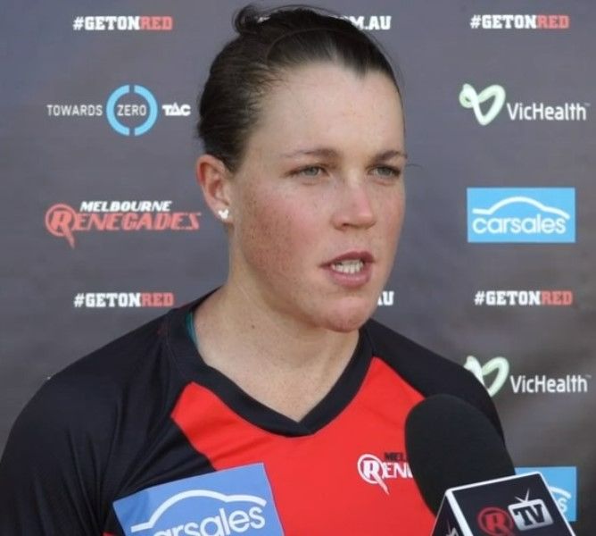 A photograph of Grace Harris from a postmatch press conference