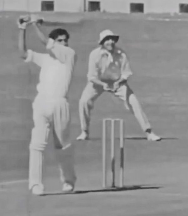 A photograph of Salim Durani hitting a six