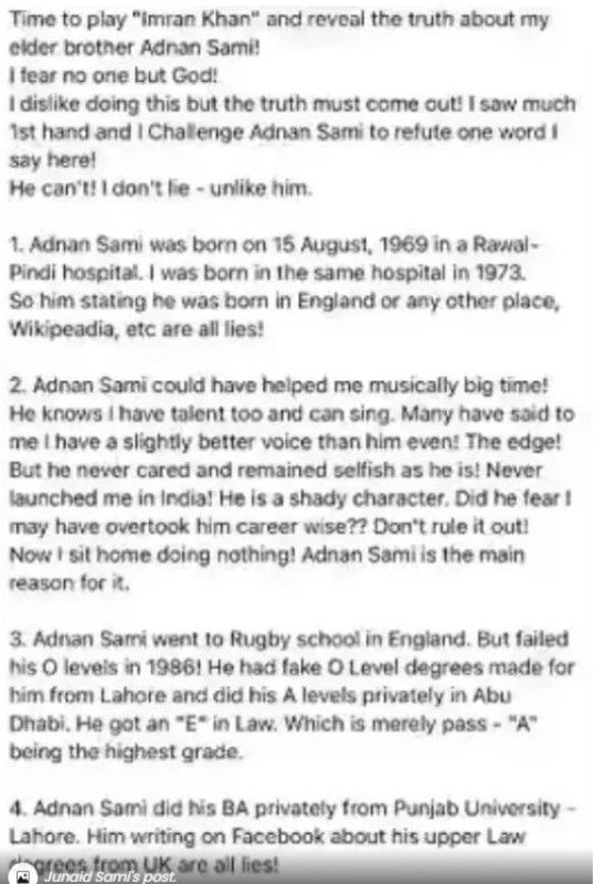 A snip from Junaid Khan Sami's Facebook post