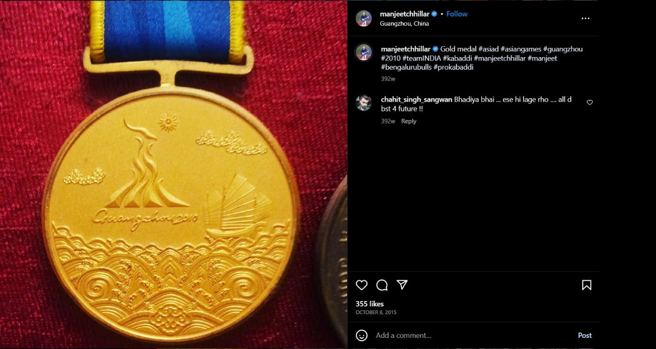 A snip of Manjeet Chhillar's Instagram post featuring the Gold medal that he won at Asian Games 2010