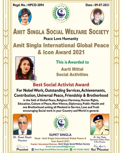 Aarti Mittal's Best Social Activist Certificate