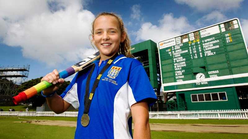 Amelia Kerr, then 13, his the first T20 hundred at the Basin Reserve, for Tawa College 1st XI girls cricket team